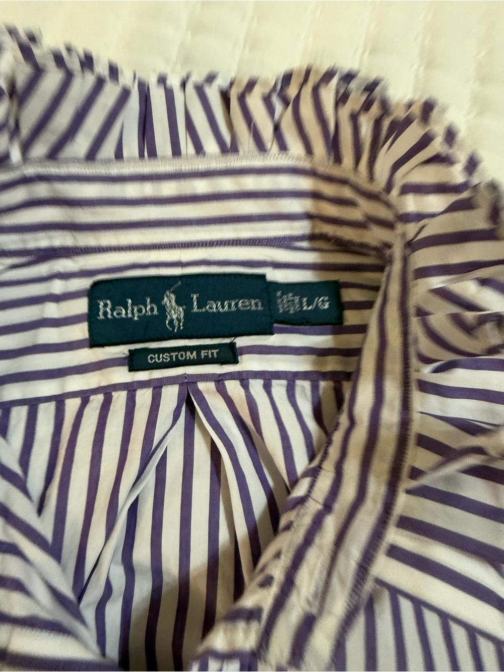 Upcycled Men’s Ralph Lauren Purple Striped Button-Up Shirt with Ruffle Colla - Picture 6 of 8